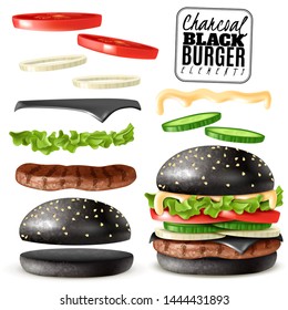 Burger coal black bun ready with isolated elements which are easy to change and move on white background with separate isolated ingredients. Realistic style. Vector