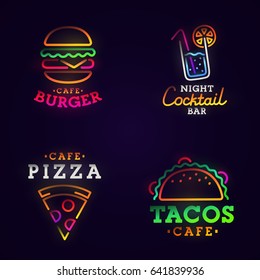 Burger, Cocktail, Tacos, Pizza neon sign, bright signboard, light banner. Logo, label, emblem.