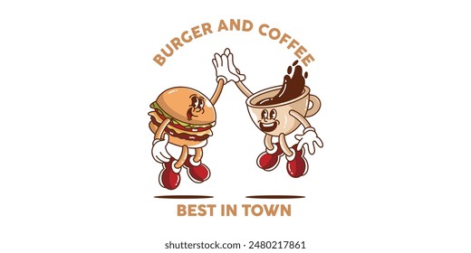 burger and coffee character cartoon vector icon