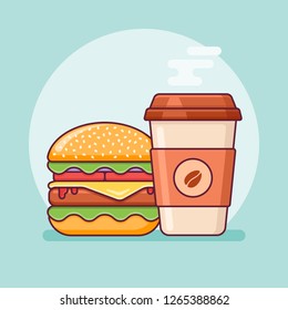 Burger and coffee takeaway flat line icon. Fast food vector illustration.