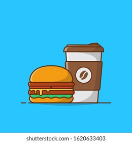 Burger with Coffee Vector Icon Illustration. Simple Burger Set. Delicious Burger Icon