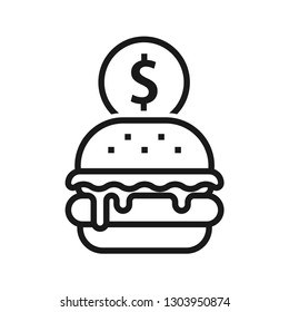 Burger with coin on top. Food business icon. Simple design, stroke outline style. Line vector. Isolate on white background.