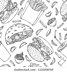 Burger, Cola Cup with Straw, French Fries, Ketchup, Falafel Pita or Meatball Salad in Pocket Bread Mayonnaise Sauce. Fast Street Food Seamless. Realistic Hand Drawn Illustration. Savoyar Doodle Style.