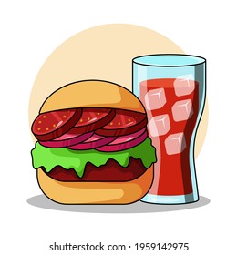 Burger and cola vector illustration. isolated in white. fresh cola icon. burger icon. burger and cola icon