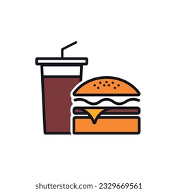 Burger and Cold Drink Flat Linear Icon Design on White Background. Simple Fast Food Illustration for Web, Menu, Branding, Logo, App.