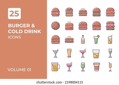 Burger and Cold Drink icons collection. Set contains such Icons as bread, bun, burger, cocktail icon, and more