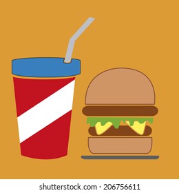 a burger and a cold drink on a yellow background