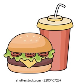 Icono vectorial de la bebida fría y de la hamburguesa