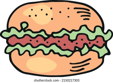 Burger color icon. Hand drawn fastfood doodle