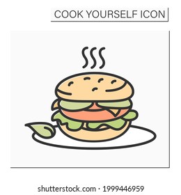 Burger color icon.Veggie burger on a plate. Homemade healthy meal. Diet and vegetarian recipe. Isolated ector illustration