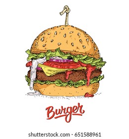 Burger Color .Vector illustration of a burger retro sketch style. Hand drawn