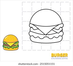 Página de libro para colorear de hamburguesa con un diseño de hamburguesa simple con queso y lechuga. Ideal para actividades de aprendizaje de los niños, tutoriales de dibujo de líneas y práctica creativa divertida en el trazado y coloreado.