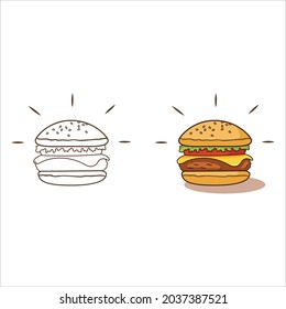 Burger coloring book vector design. Coloring book for kids. Drawing book page illustrations for kids. Burger coloring book illustration design. Delicious Burger vector design for color books.