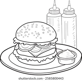 Burger coloring page, outline, simple drawing vector illustration design
