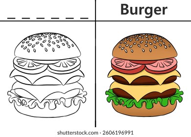 Burger coloring pages for kids and learn to recognize letters, food recognition cards, media for various games in early childhood learning 