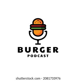 Burger combination with microphone podcast in background white,vector logo design line art style as you editable