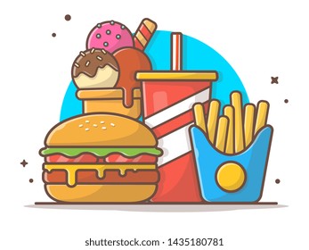 Burger Combo with Ice Cream, Soda and French Fries. Fast Food Logo. Cafe and Restaurant Menu. Flat Cartoon Style Suitable for Web Landing Page,  Banner, Flyer, Sticker, Card, Background