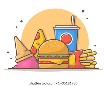 Burger Combo with Ice Cream, Soda and Slice Pizza, French Fries. Fast Food Logo. Cafe and Restaurant Menu. Flat Cartoon Style Suitable for Web Landing Page,  Banner, Flyer, Sticker, Card, Background