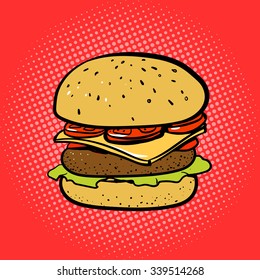 Burger comic book style pop art retro vector illustration