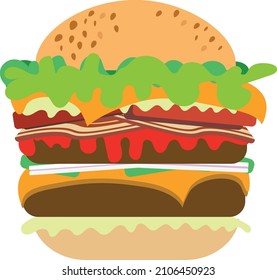 burger complete with cheese and bacon accompanied by hand drawn illustration