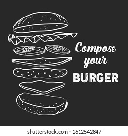 Burger Komposition Illustration komponieren Sie Ihren Burger handgezeichnete Zutaten auf schwarzem Hintergrund