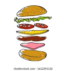 Burger composition illustration ingredients hand drawn