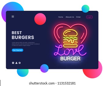 Burger concept banner. Burger fast food Neon Sign, can use for web banner, infographics, website template. Burger Cafe Light Banner. Vector illustration isolated