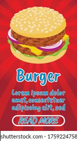 Burger concept banner. Isometric banner of burger comics vector concept for web, giftcard and postcard