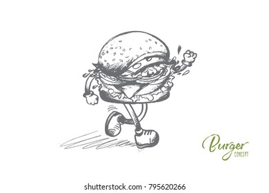Burger concept. Hand drawn burger is running. Unhealthy food with meat, cheese, salad, bun isolated vector illustration.
