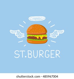 Burger concept "St. Burger" with angel halo and wings. Flat and doodle hand drawn vector isolated illustration. cheeseburger, hamburger, fast food creative concept