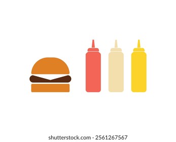 Burger, Condiment Bottles Vector, Food Icon: Hamburger, Tomato Ketchup, Mustard, Mayonnaise, BBQ Sauce Illustration, Fast Food Logo Symbol, Tasty Menu for Restaurants, Delicious Snacks, Street Food.