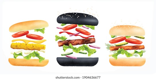 Ingredientes constructores de hamburguesa conjunto de composiciones realistas con bollos voladores y carne con lechuga y tomates ilustración vectorial