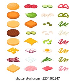 Burger constructor. Sandwich ingredients set. Fast food restaurant website menu. Isometric bun, bread slice, vegetables, meat and fish, sauce elements. Tomatoes, mustard, beef, salmon, lettuce, fish, 