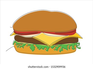 Burger continuous one line drawing minimalism design isolated on white background
