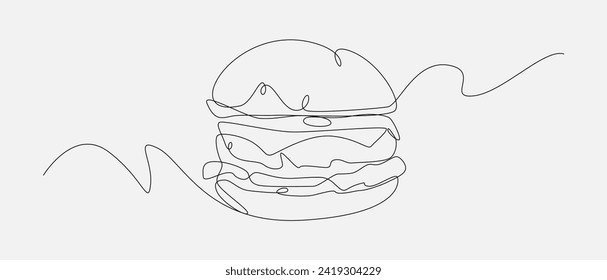 burger with continuous one line drawing style. editable stroke. vector illustration.