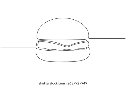 Burger continuous one line drawing, Continuous one line drawing of burger. One line drawing illustration of hamburger. Junk food, fast food concept single line.