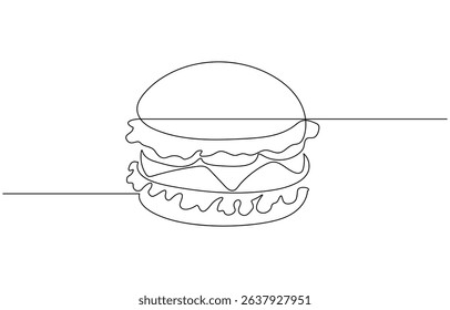 Burger continuous one line drawing, Continuous one line drawing of burger. One line drawing illustration of hamburger. Junk food, fast food concept single line.