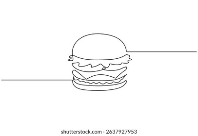 Burger continuous one line drawing, Continuous one line drawing of burger. One line drawing illustration of hamburger. Junk food, fast food concept single line.