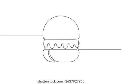 Burger continuous one line drawing, Continuous one line drawing of burger. One line drawing illustration of hamburger. Junk food, fast food concept single line.