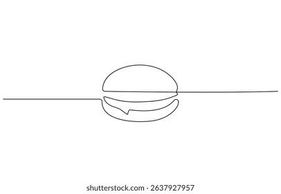 Burger continuous one line drawing, Continuous one line drawing of burger. One line drawing illustration of hamburger. Junk food, fast food concept single line.