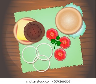 Burger cooking, cheeseburger  onion, tomato, cheese