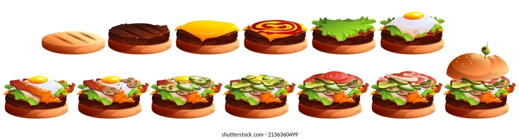 Burger cooking stages. Hamburger layers with bun, beef patty, cheese, egg and vegetable slices. Vector cartoon set of steps of making fastfood with bacon, tomato, sauces and lettuce