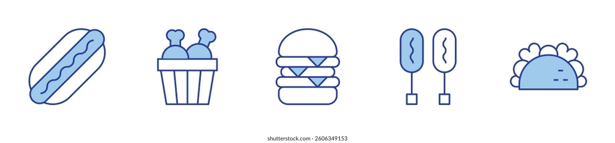 burger, corndog, taco, fast food, chicken bucket. Fast food Icon vector illustration. Line Duotone style. Editable stroke.