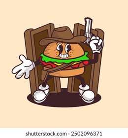 Burger Cowboy Mascot Vintage and Retro Illustration