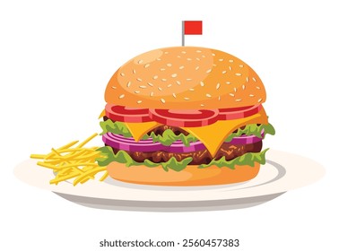 Burger and crispy french fries on plate cartoon