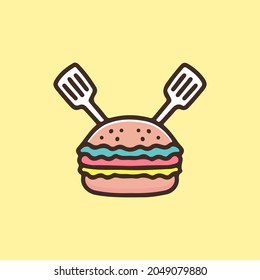 Burger with crossed spatula illustration. Vector graphics for t-shirt prints and other uses.