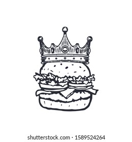 Burger with Crown Hand Drawn Fast Food Logo. Vector illustration