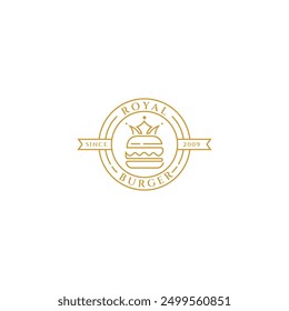 burger with crown logo in luxury gold emblem line art design style