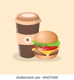 Burger and cup of coffee - cute cartoon colored picture. Graphic design elements for menu, poster, brochure. Vector illustration of fast food for bistro, snackbar, cafe or restaurant