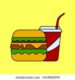The burger and cup of hot coffee. Business lunch, fast food concept. Flat vector icons - Vector